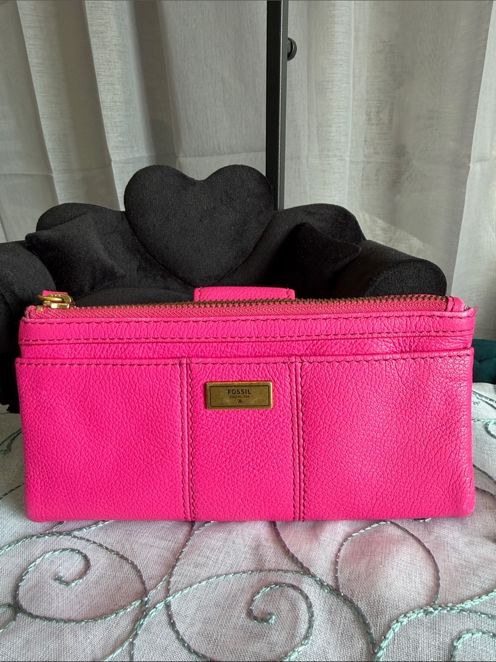 Fossil Hot Pink Leather Zip Wallet with Gold-Tone Plate